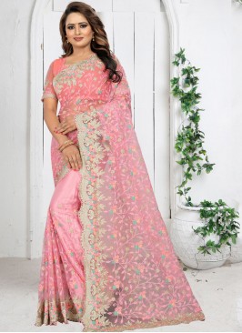 Flamboyant Net Rose Pink Resham Traditional Saree