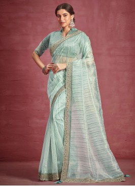 Flamboyant Organza Embroidered Sea Green Trendy Saree