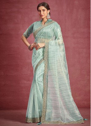 Flamboyant Organza Embroidered Sea Green Trendy Saree