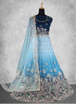 Flamboyant Thread Work Aqua Blue Georgette A Line Lehenga Choli