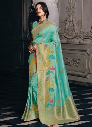 Flamboyant Turquoise Silk Saree