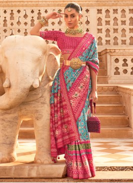 Flamboyant Weaving Aqua Blue and Pink Saree