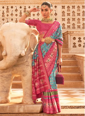 Flamboyant Weaving Aqua Blue and Pink Saree