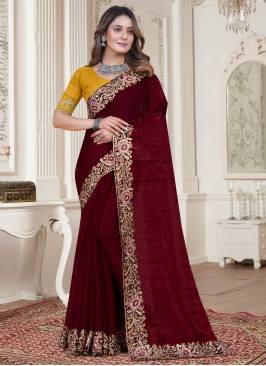 Flamboyant Zari Maroon Satin Silk Contemporary Sar