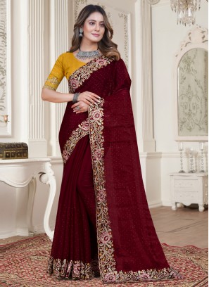 Flamboyant Zari Maroon Satin Silk Contemporary Saree