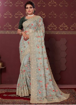 Flattering Aqua Blue Net Trendy Saree