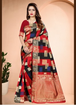 Flattering Art Banarasi Silk Red Traditional Desig