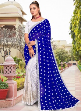 Flattering Blue and White Resham Georgette Contemporary Saree