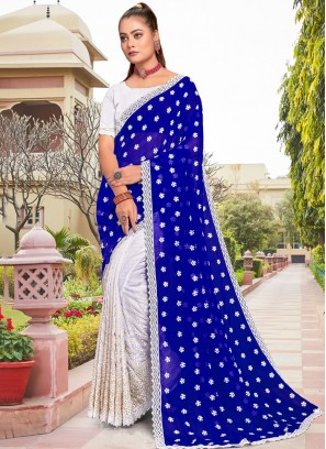 Flattering Blue and White Resham Georgette Contemporary Saree