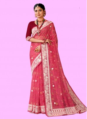 Flattering Digital Print Pink Organza Saree