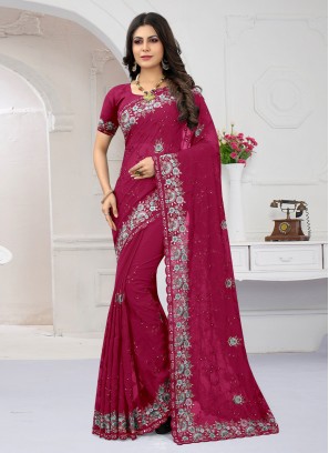 Flattering Embroidered Rani Georgette Contemporary Style Saree