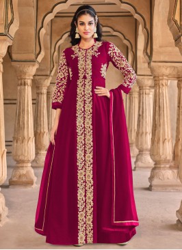 Flattering Embroidered Rani Georgette Long Length Salwar Kameez