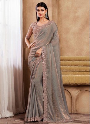 Flawless Embroidered Grey Contemporary Saree