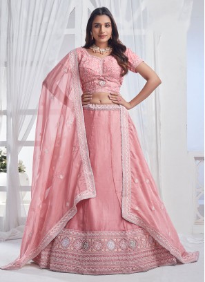 Flawless Embroidered Organza Peach Designer Lehenga Choli