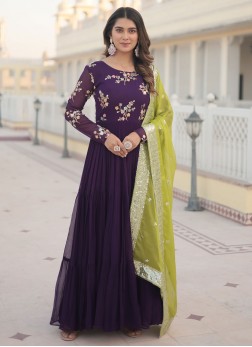 Flawless Embroidered Purple Faux Georgette Trendy 