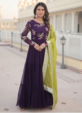 Flawless Embroidered Purple Faux Georgette Trendy Gown