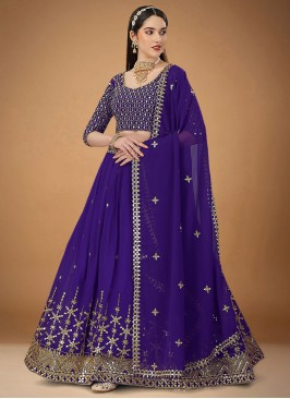 Flawless Faux Georgette Violet Embroidered A Line Lehenga Choli
