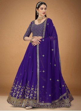 Flawless Faux Georgette Violet Embroidered A Line Lehenga Choli