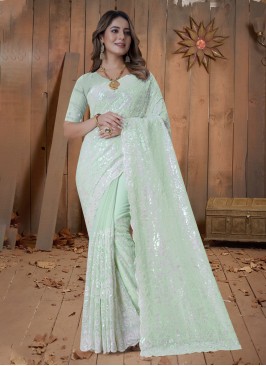 Flawless Resham Sea Green Georgette Contemporary Saree