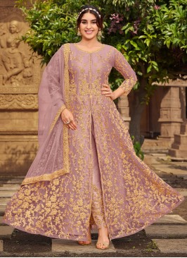 Floor Length Designer Salwar Suit Embroidered Net in Mauve 