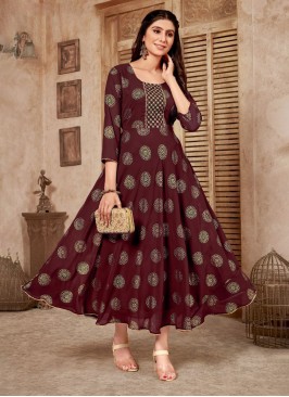 Floor Length Gown Embroidered Pure Georgette in Maroon