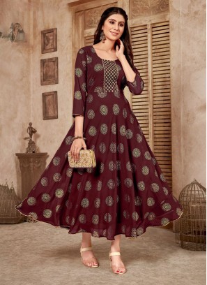 Floor Length Gown Embroidered Pure Georgette in Maroon