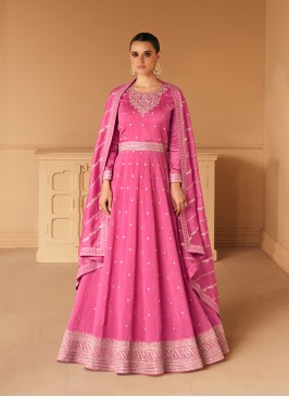 Floor Length Salwar Kameez Embroidered Silk in Pink