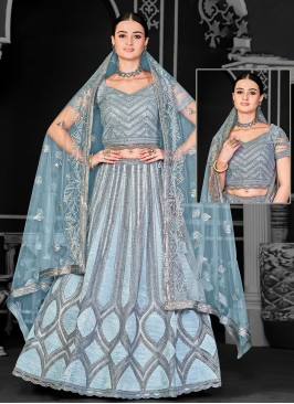 Floral Cord Net Aqua Blue A Line Lehenga Choli