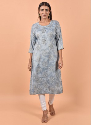 Floral Cotton Embroidered Blue Party Wear Kurti