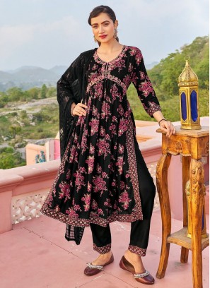 Floral Embroidered Black Rayon Trendy Salwar Kameez