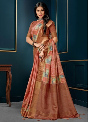 Floral Embroidered Brown Saree