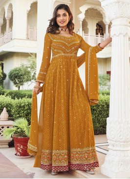 Floral Embroidered Georgette Mustard Designer Salw