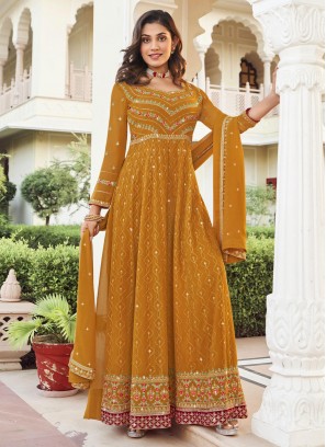 Floral Embroidered Georgette Mustard Designer Salwar Kameez