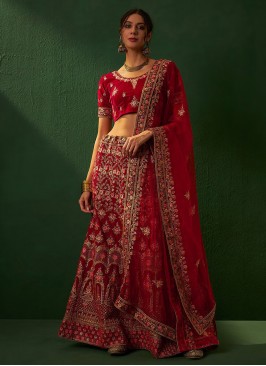 Floral Embroidered Pink Velvet A Line Lehenga Choli