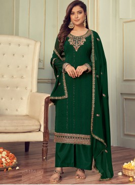 Floral Faux Georgette Embroidered Green Designer Pakistani Salwar Suit