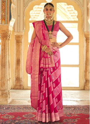 Floral Foil Print Rani Silk Contemporary Saree