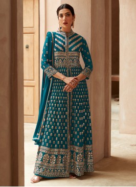 Floral Georgette Resham Teal Trendy Salwar Kameez