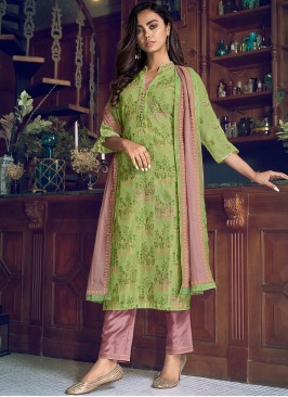 Floral Green Embroidered Pant Style Suit