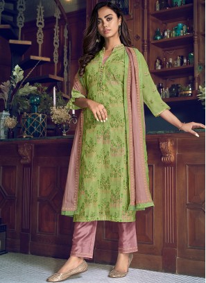 Floral Green Embroidered Pant Style Suit