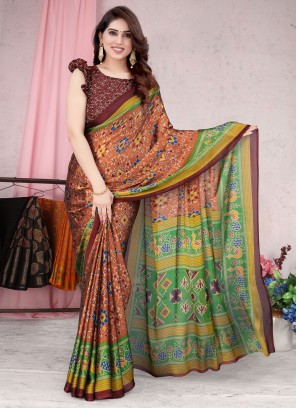 Floral Orange Contemporary Style Saree