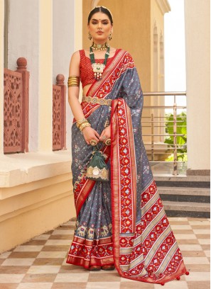 Floral Patola Print Silk Grey Trendy Saree