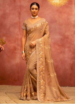 Floral Patterns Net Trendy Saree in Beige