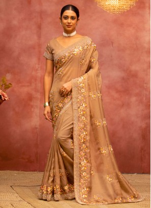 Floral Patterns Net Trendy Saree in Beige