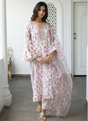 Floral Print Cotton Trendy Salwar Kameez in White
