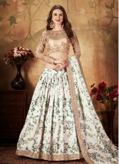 Floral Print Organza Trendy Lehenga Choli in White