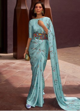 Floral Print Satin Designer Contemporary Saree in Aqua Blue