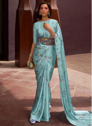 Floral Print Satin Designer Contemporary Saree in Aqua Blue