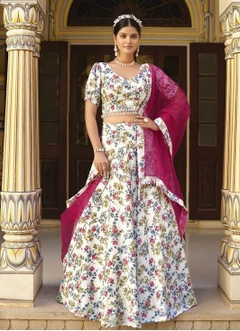 Floral Print Silk Trendy Lehenga Choli in Off White