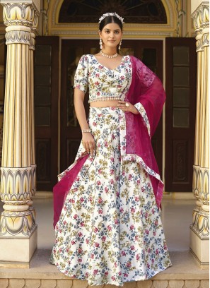 Floral Print Silk Trendy Lehenga Choli in Off White