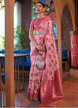 Floral Rose Pink Organza Trendy Saree